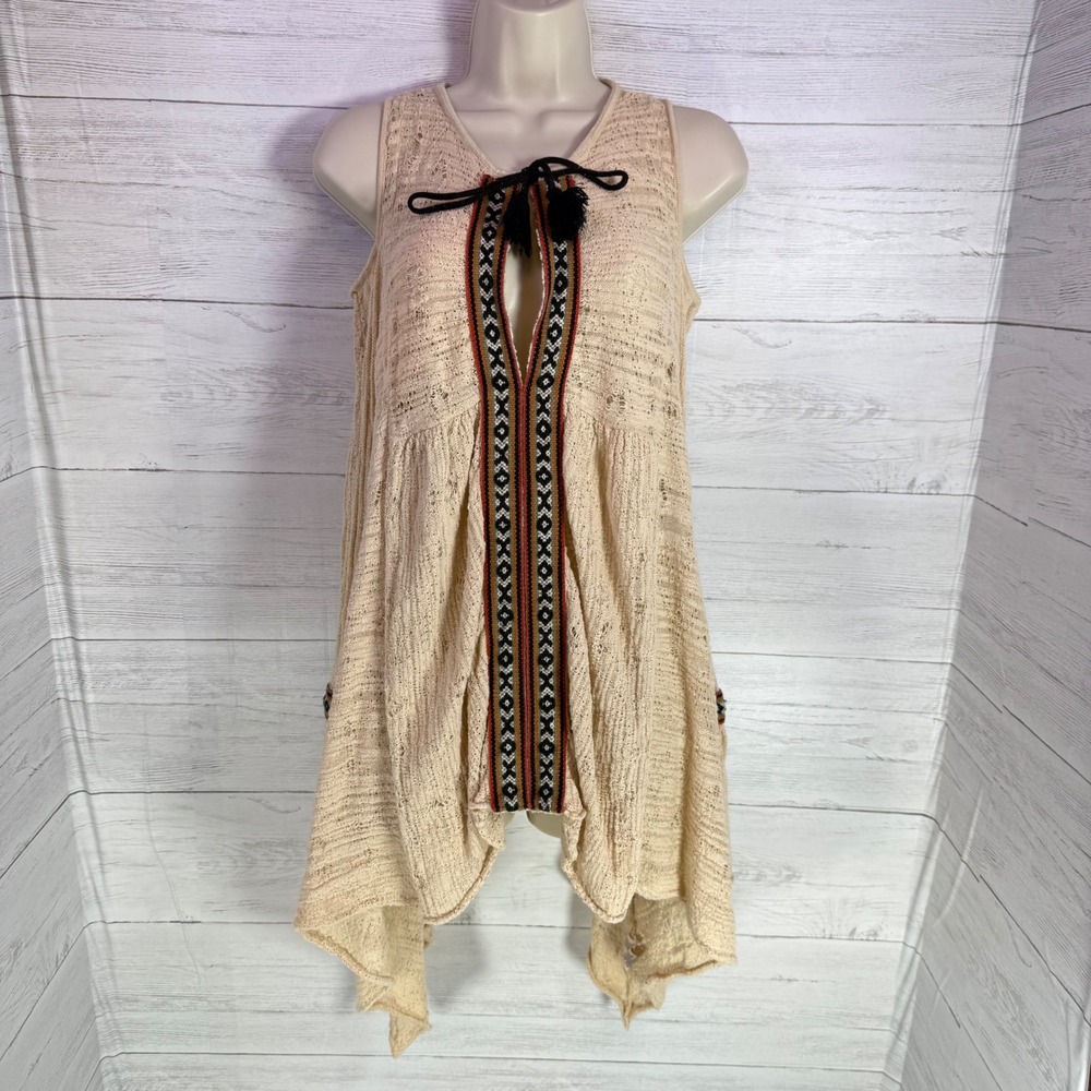 Free People Boho Prairie Tunic Cream Cold Shoulder Flare Sleeve xs cottage - Picture 2 of 11